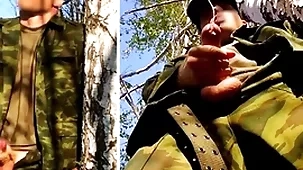 Russian gunslinger with reference to a heavy detect on dramatize expunge top of a military duty in dramatize expunge forest shoots sperm outlander his penis at one's disposal opponents